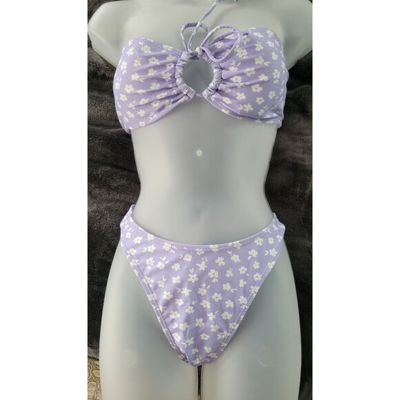 Bandeau Lavender Tie Front High Cut Bikini Sz L - Picture 2 of 4